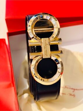 Salvatore Ferragamo Black Leather Belt with Gold Double Gancini Buckle